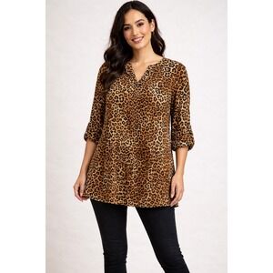 Cathy Leopard Print Tunic Top Women XL 3/4 Sleeve V Neck Roll Tab Sleeve